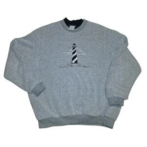 Vintage 90s Embroidered Lighthouse Nautical Pullover Sweatshirt Double Collar L
